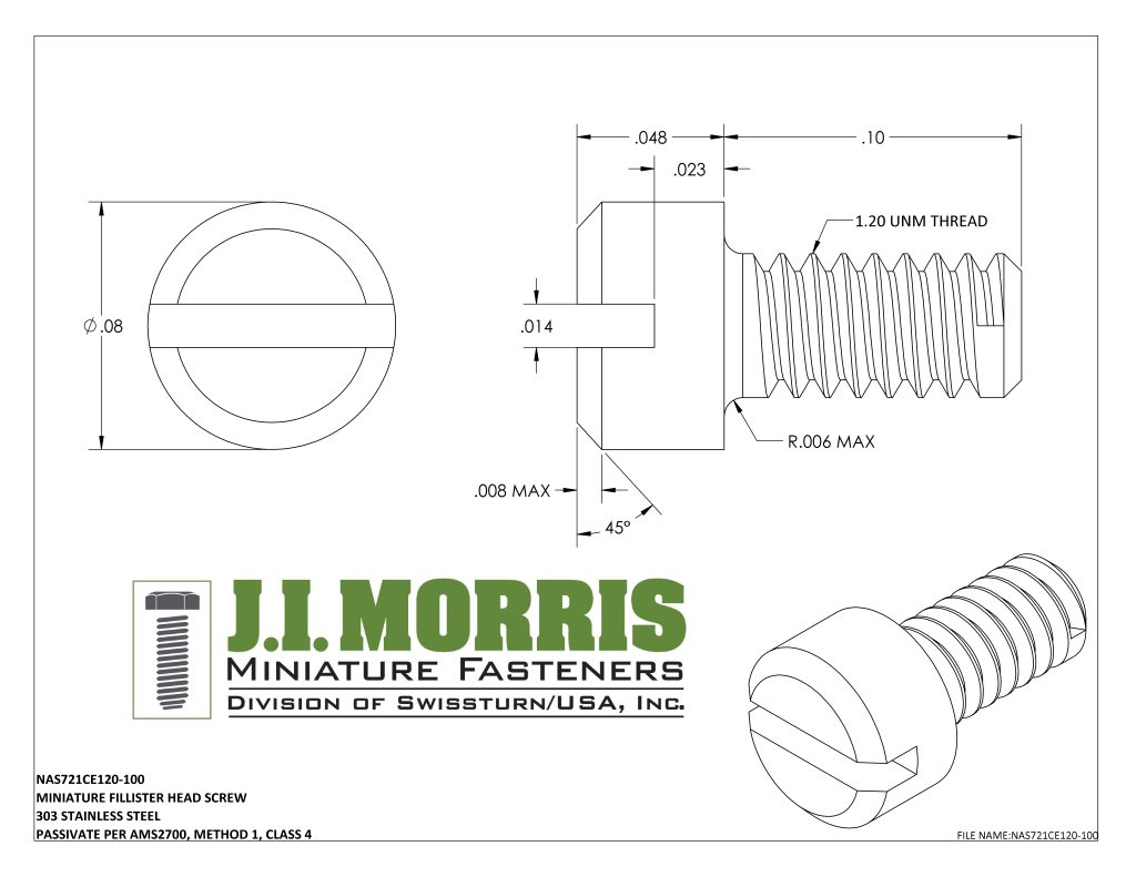 1.20 UNM x .100 SCREW-FLAT FILLISTER HEAD-STAINLESS STEEL