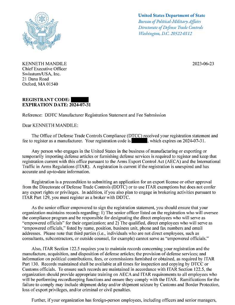 ITAR Registration Letter