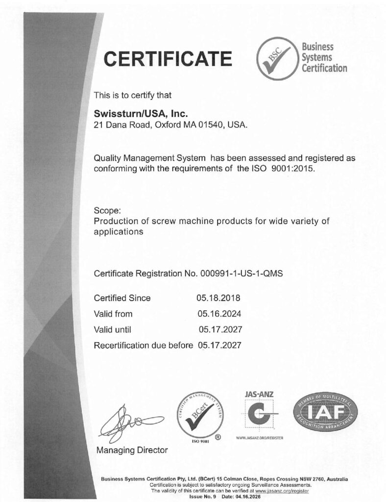 Swissturn ISO 9001_2015 Certificate of Reg. Exp. 05-17-27