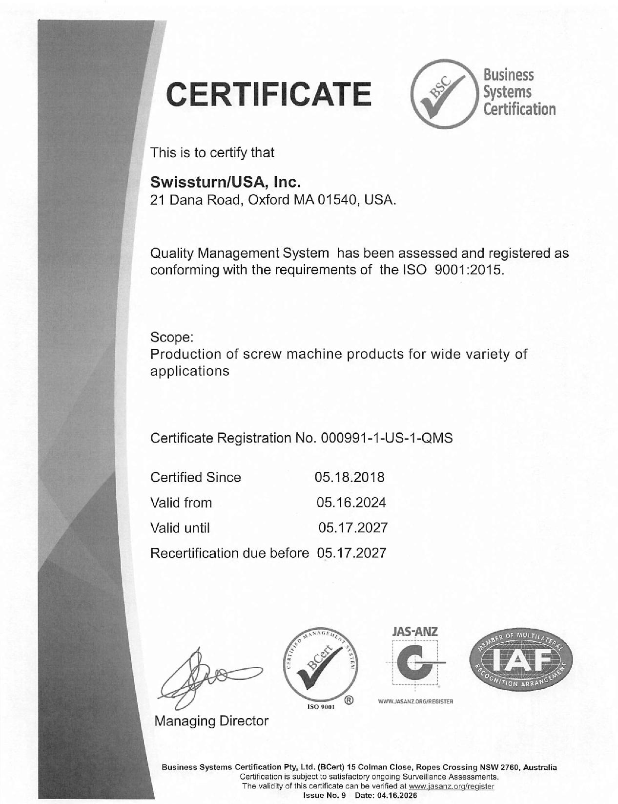 ISO 9001 - Swissturn/J.I. Morris