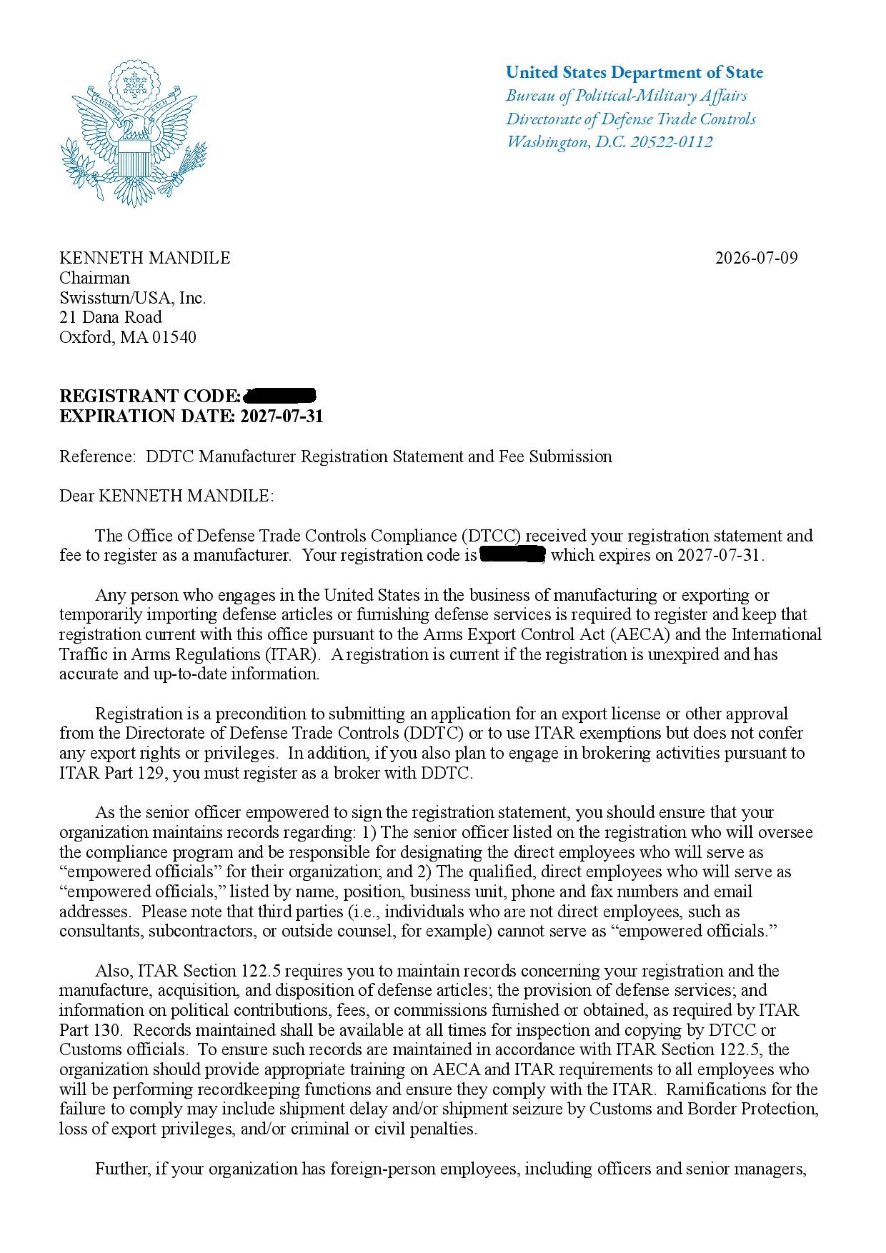 Swissturn ITAR Letter