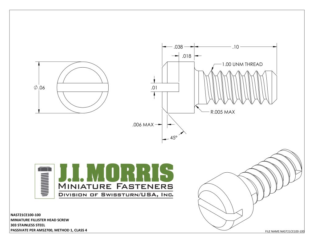 1.00 UNM x .100 SCREW-FLAT FILLISTER HEAD-STAINLESS STEEL