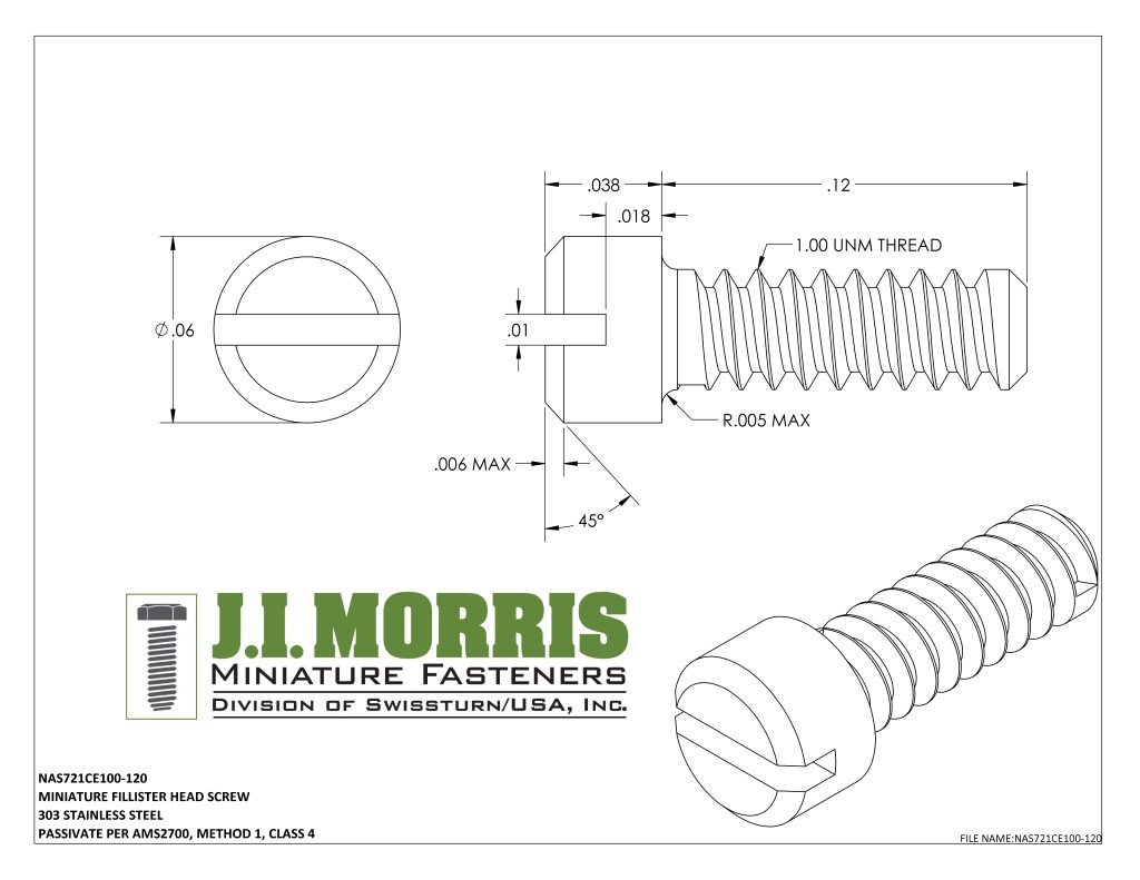 1.00 UNM x .120 SCREW-FLAT FILLISTER HEAD-STAINLESS STEEL