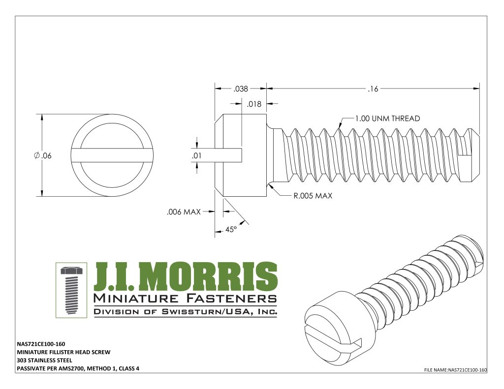 1.00 UNM x .160 SCREW-FLAT FILLISTER HEAD-STAINLESS STEEL