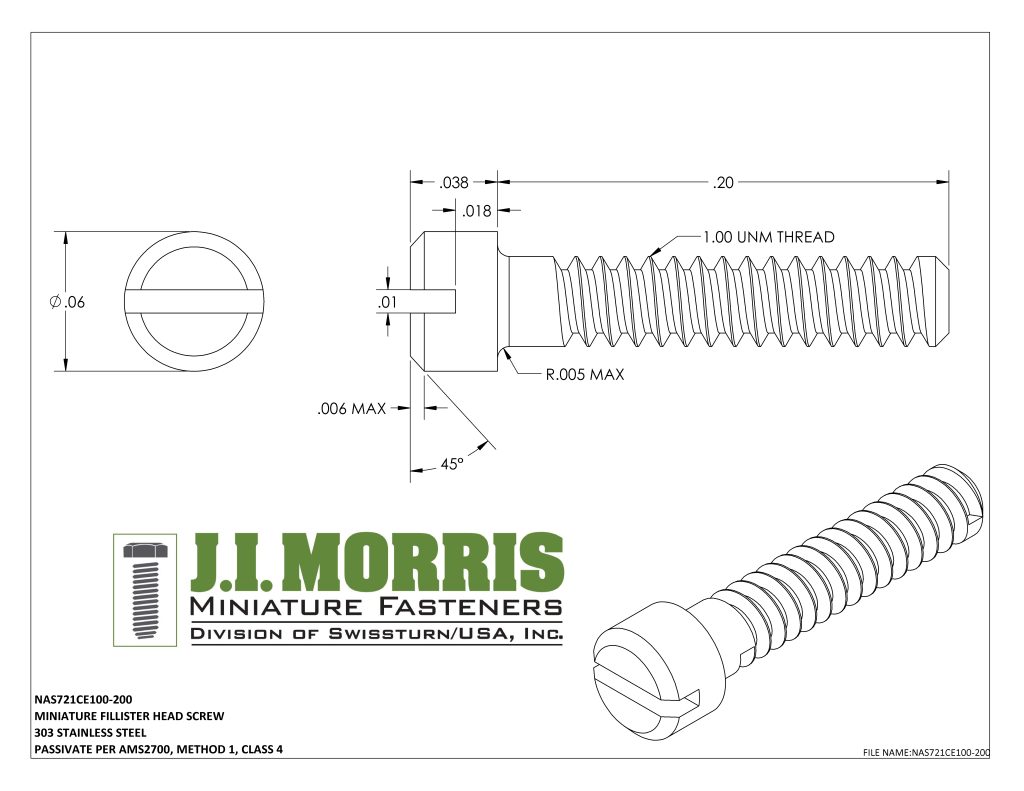 1.00 UNM x .200 SCREW-FLAT FILLISTER HEAD-STAINLESS STEEL