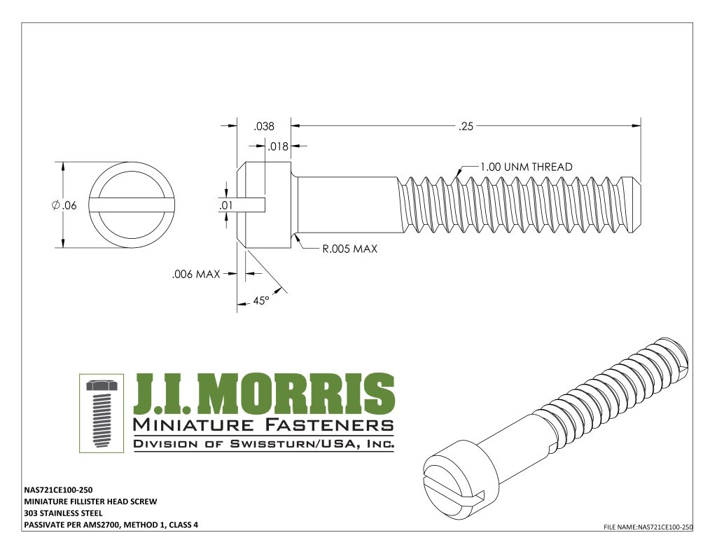 1.00 UNM x .250 SCREW-FLAT FILLISTER HEAD-STAINLESS STEEL