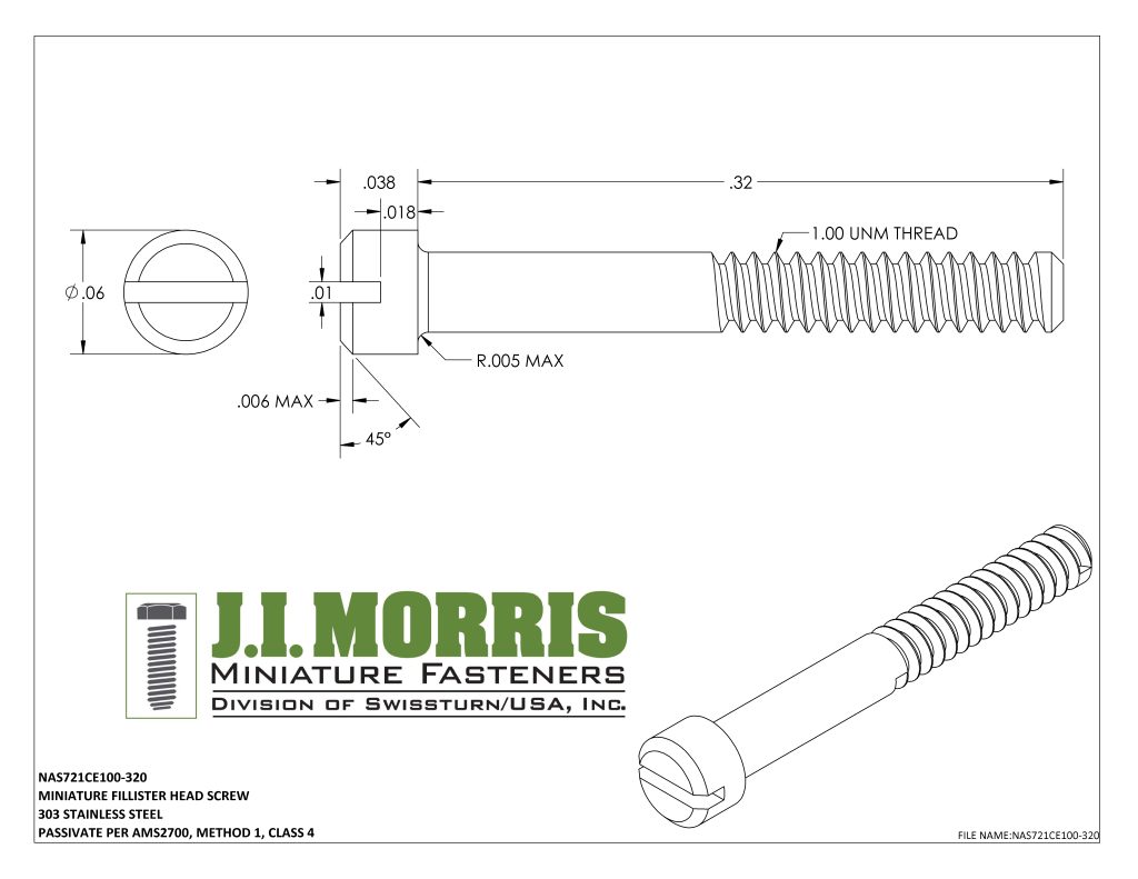 1.00 UNM x .320 SCREW-FLAT FILLISTER HEAD-STAINLESS STEEL