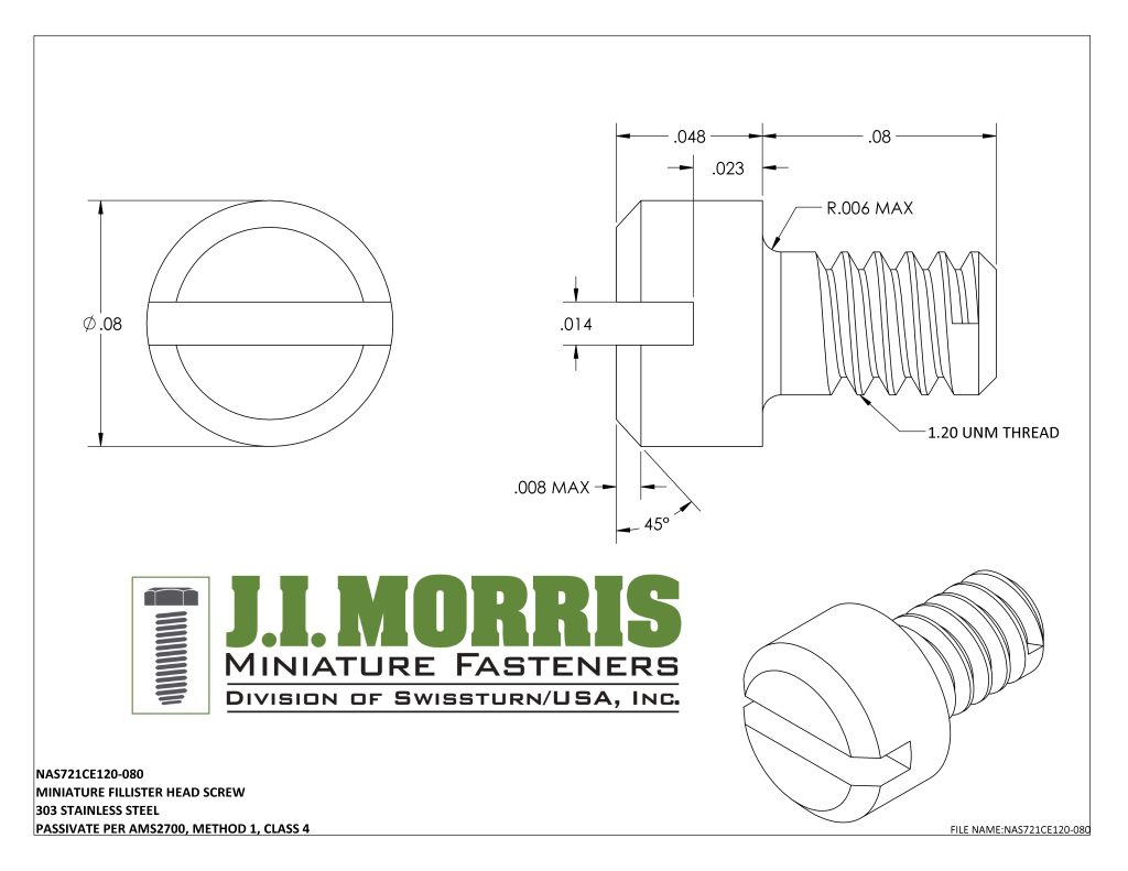 1.20 UNM x .080 SCREW-FLAT FILLISTER HEAD-STAINLESS STEEL