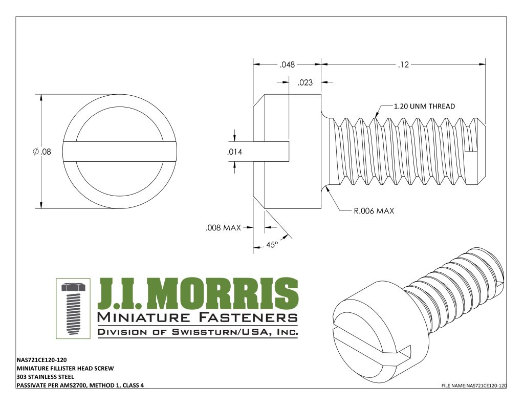 1.20 UNM x .120 SCREW-FLAT FILLISTER HEAD-STAINLESS STEEL