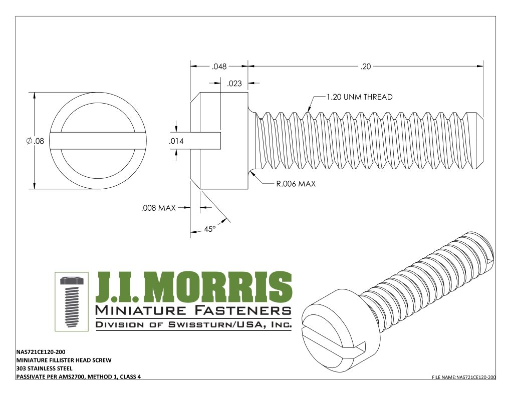 1.20 UNM x .200 SCREW-FLAT FILLISTER HEAD-STAINLESS STEEL