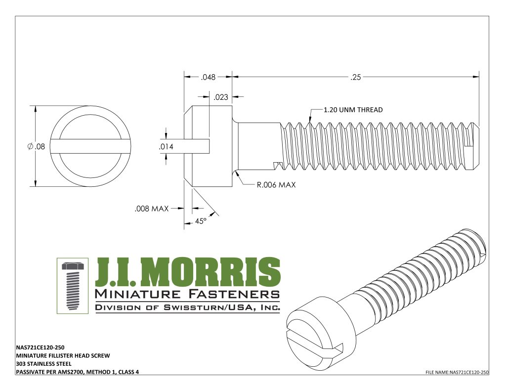 1.20 UNM x .250 SCREW-FLAT FILLISTER HEAD-STAINLESS STEEL