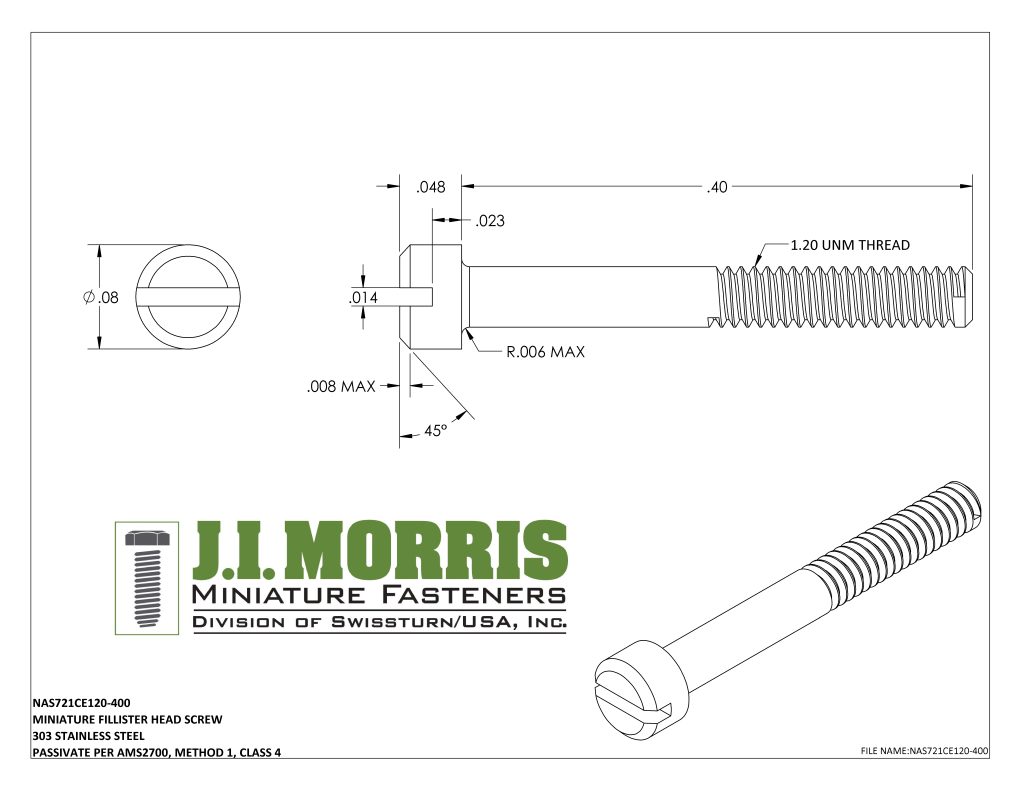 1.20 UNM x .400 SCREW-FLAT FILLISTER HEAD-STAINLESS STEEL