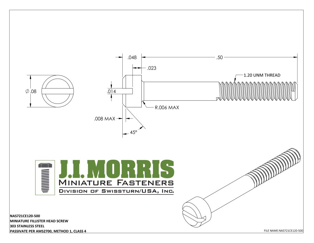 1.20 UNM x .500 SCREW-FLAT FILLISTER HEAD-STAINLESS STEEL