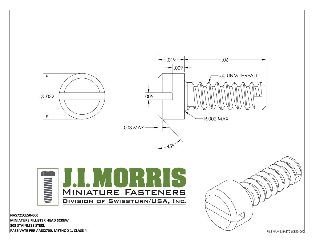.50 UNM x .060 SCREW-FLAT FILLISTER HEAD-STAINLESS STEEL