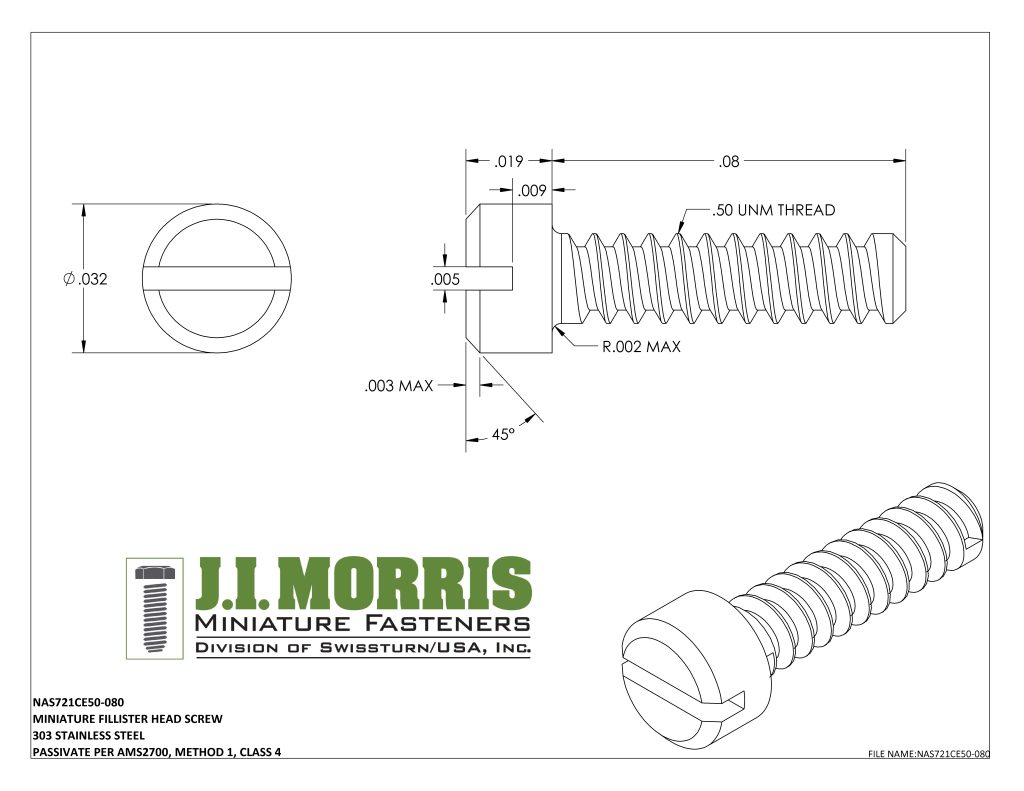 .50 UNM x .080 SCREW-FLAT FILLISTER HEAD-STAINLESS STEEL