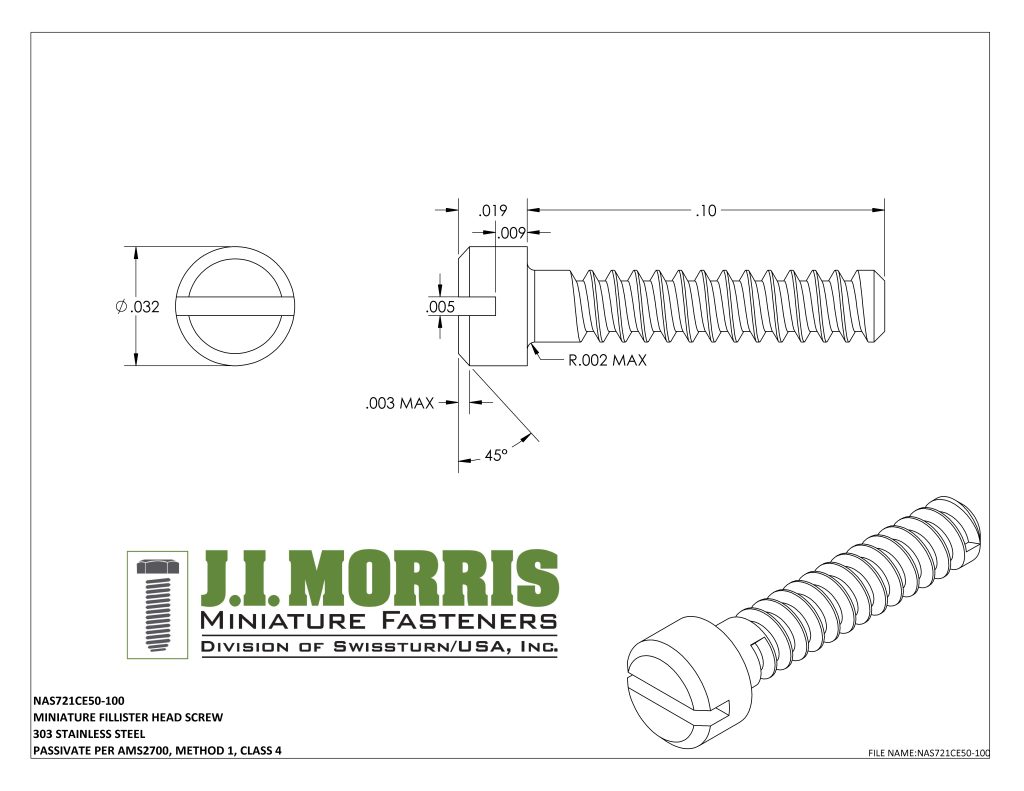 .50 UNM x .100 SCREW-FLAT FILLISTER HEAD-STAINLESS STEEL