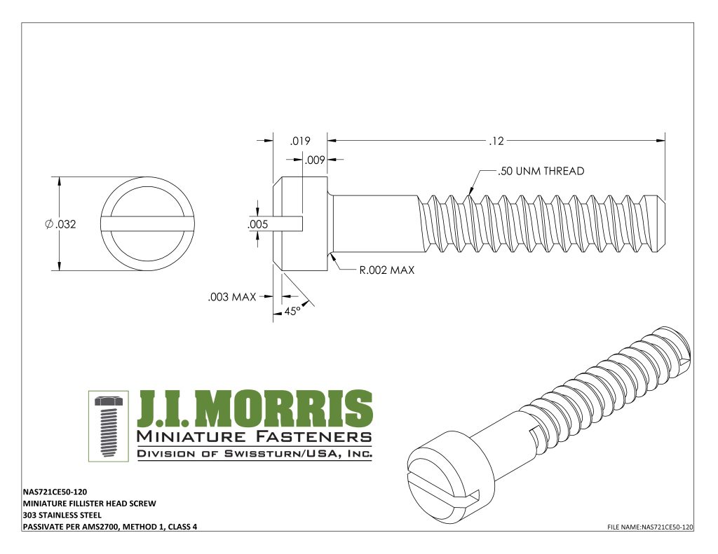 .50 UNM x .120 SCREW-FLAT FILLISTER HEAD-STAINLESS STEEL