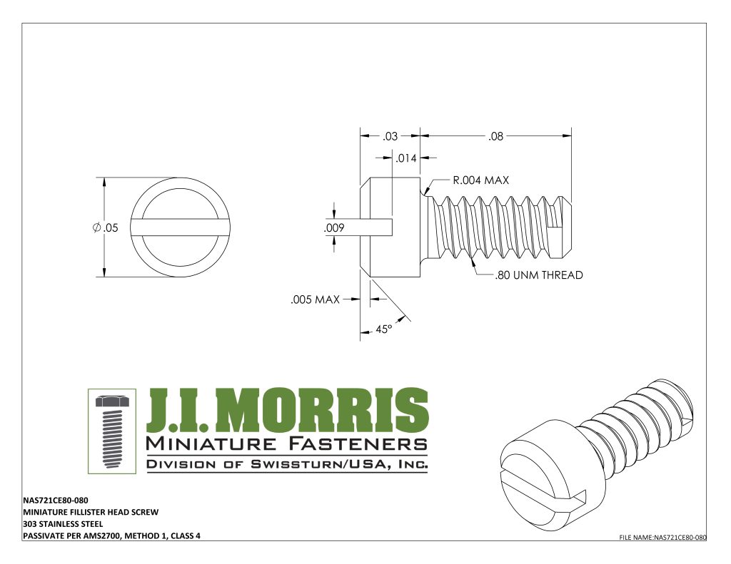 0.80 UNM x .080 SCREW-FLAT FILLISTER HEAD-STAINLESS STEEL