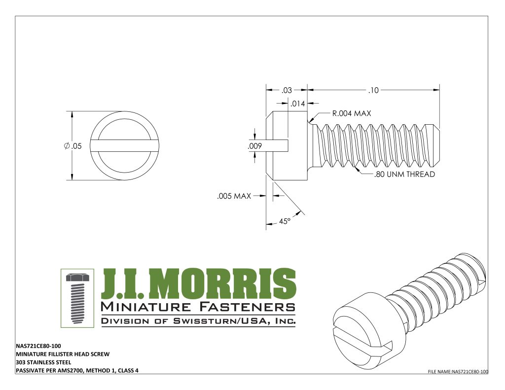 0.80 UNM x .100 SCREW-FLAT FILLISTER HEAD-STAINLESS STEEL