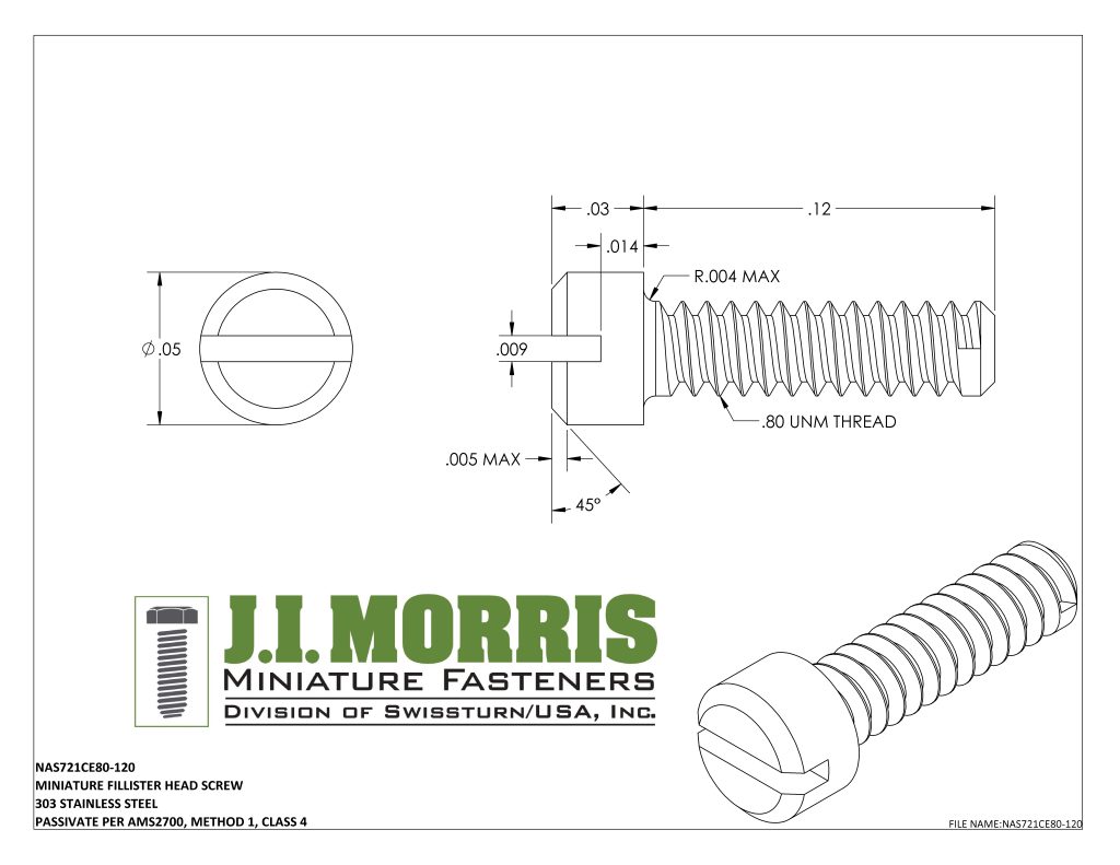 0.80 UNM x .120 SCREW-FLAT FILLISTER HEAD-STAINLESS STEEL