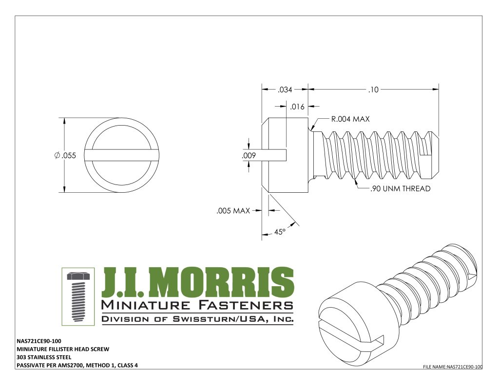 0.90 UNM x .100 SCREW-FLAT FILLISTER HEAD-STAINLESS STEEL