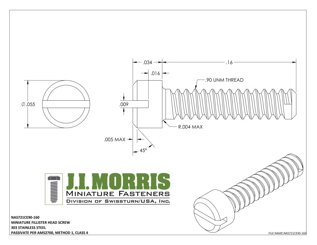 0.90 UNM x .160 SCREW-FLAT FILLISTER HEAD-STAINLESS STEEL