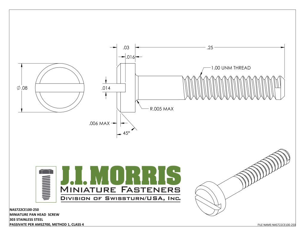 1.00 UNM x .250 SCREW-PAN HEAD SCREW-STAINLESS STEEL