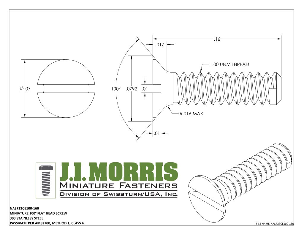 1.00 UNM x .160 SCREW-FLAT HEAD SCREW-STAINLESS STEEL