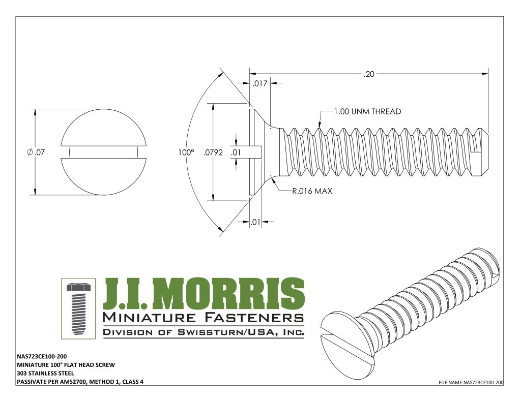 1.00 UNM x .200 SCREW-FLAT HEAD SCREW-STAINLESS STEEL