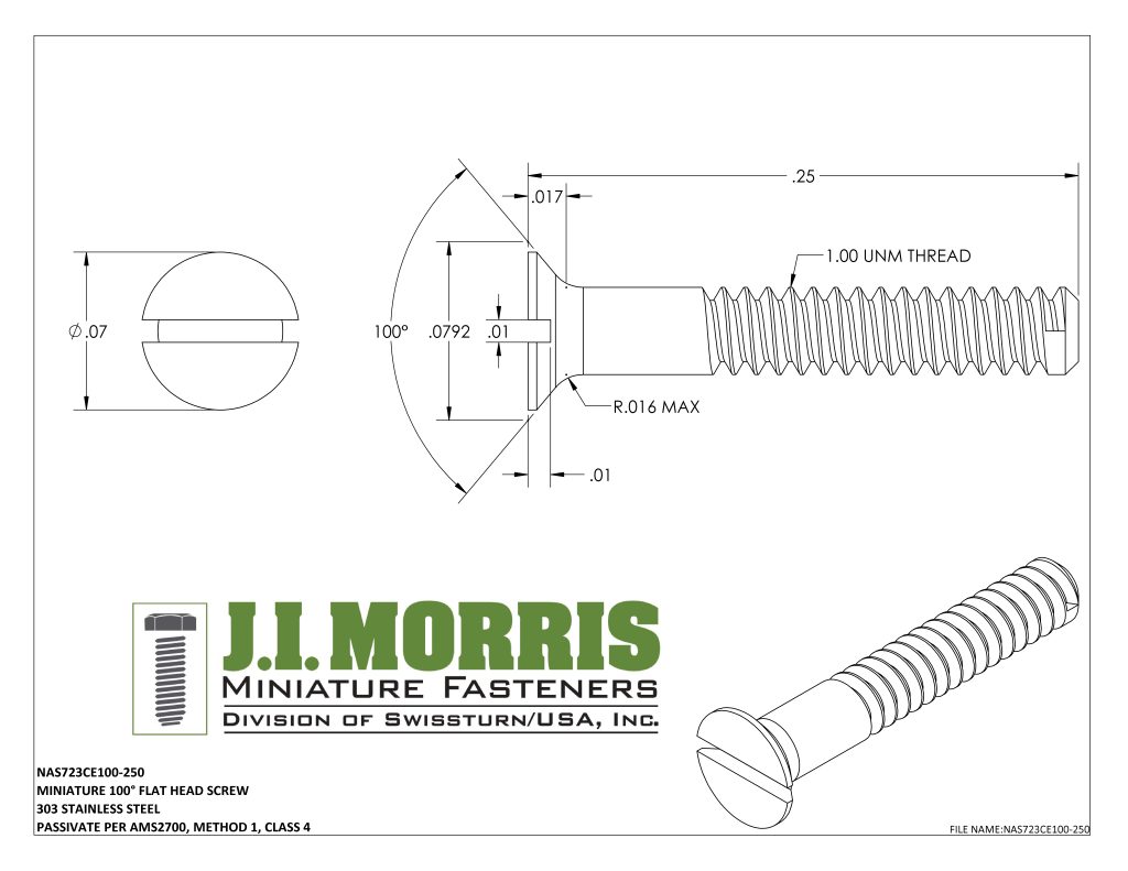 1.00 UNM x .250 SCREW-FLAT HEAD SCREW-STAINLESS STEEL