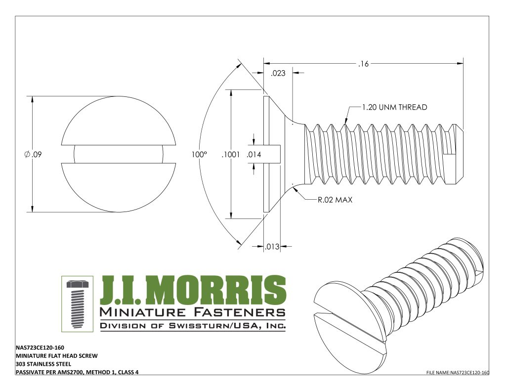1.20 UNM x .160 SCREW-FLAT HEAD SCREW-STAINLESS STEEL