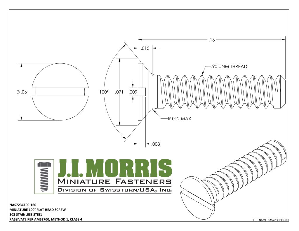 .90 UNM x .160 SCREW-FLAT HEAD SCREW-STAINLESS STEEL