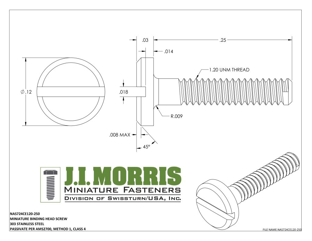 1.20 UNM x .250 SCREW-BINDING HEAD SCREW-STAINLESS STEEL