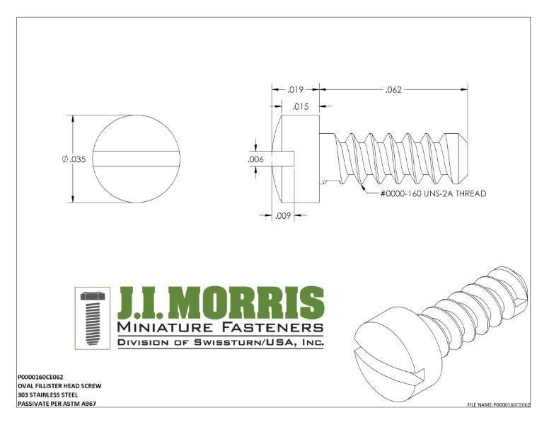 0000-160 x 1/16 SCREW-OVAL FILLISTER-STAINLESS STEEL